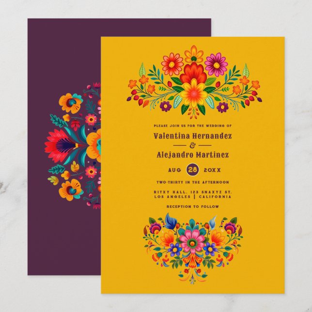 Marigold & Plum Mexican Folk Art Fiesta Wedding Invitation (Front/Back)