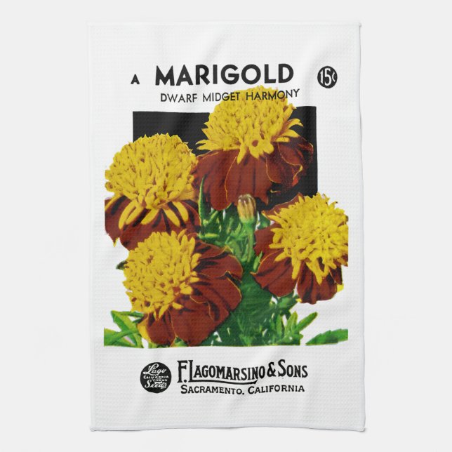 Marigold Seed Packet Label Towel (Vertical)