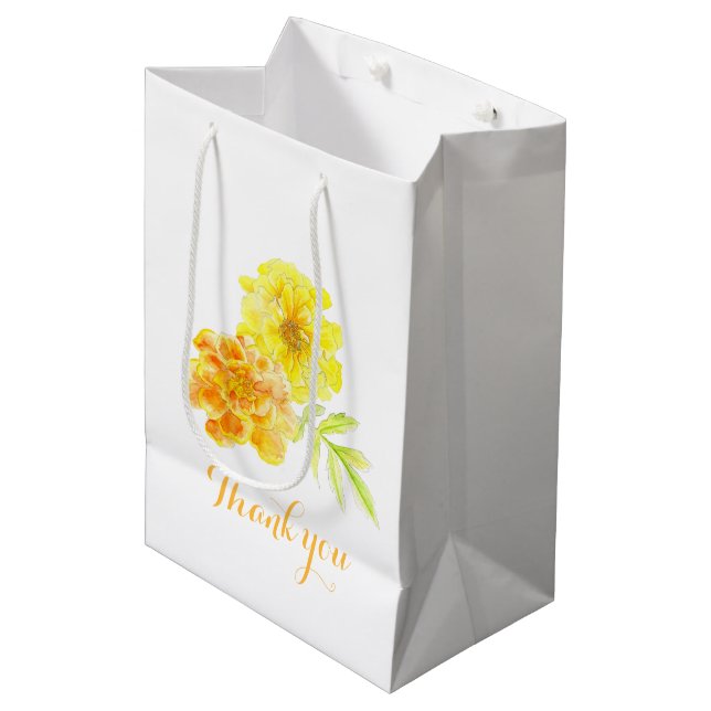Marigold Watercolor art wedding favor gift bag (Front Angled)