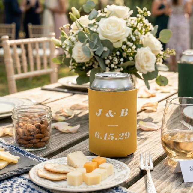 Marigold Yellow Bold Italic Monogram Wedding Favor Can Cooler (Creator Uploaded)