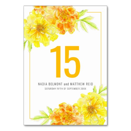 Marigold yellow flower wedding event table number