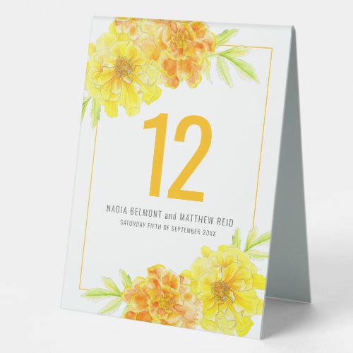 Marigold yellow flower wedding event table number table tent sign