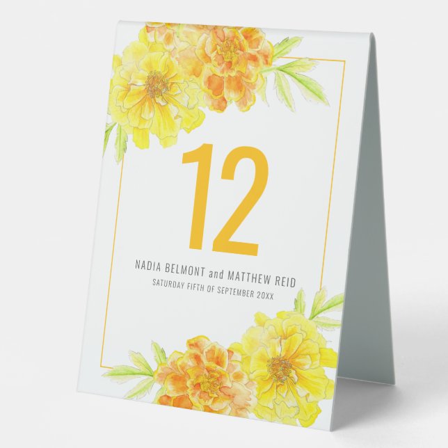 Marigold yellow flower wedding event table number tent (Front)