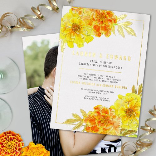 Marigold yellow gold watercolor photo wedding  foil invitation