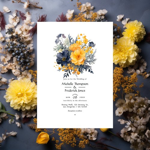 Marigold Yellow Navy Blue and Slate Gray Wedding Invitation