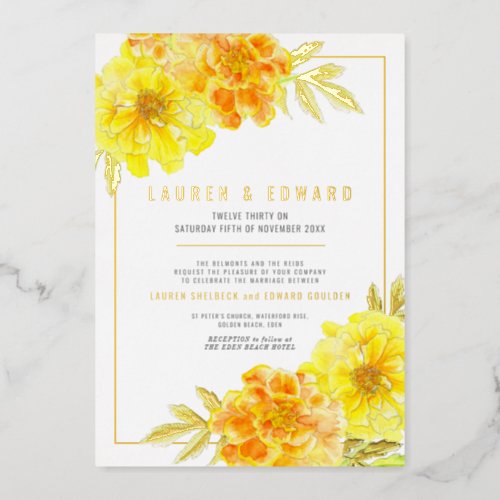 Marigold yellow orange gold watercolor wedding  foil invitation