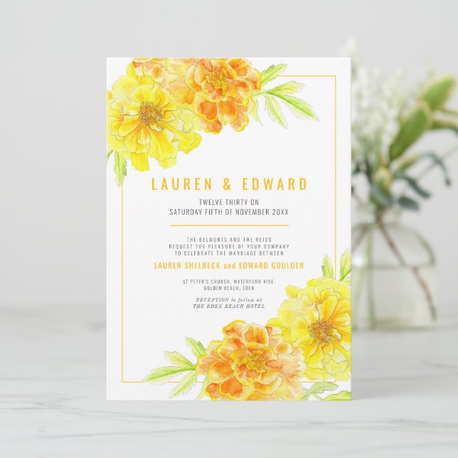 Marigold yellow orange watercolor flowers wedding invitation (Standing Front)