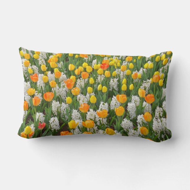 "MARIGOLD & YELLOW TULIPS WITH WHITE HYACINTHS" LUMBAR PILLOW (Back)