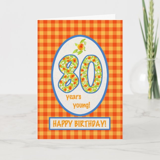 Marigolds and Check Gingham: 80th Birthday Card (Front)