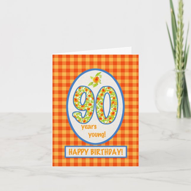 Marigolds and Check Gingham: 90th Birthday Card (Front)
