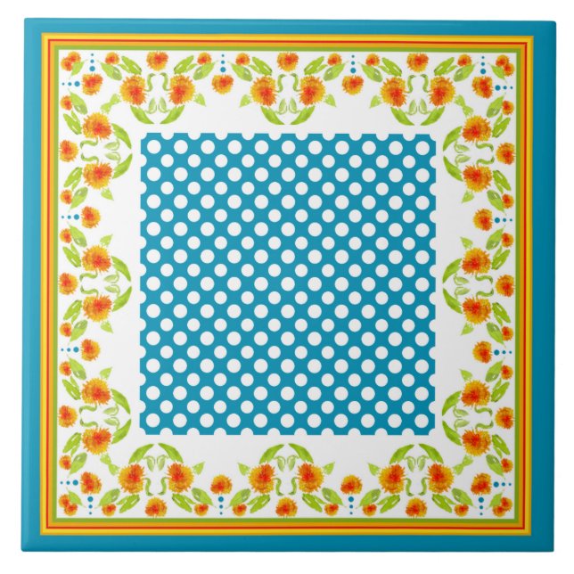 Marigolds Border and Polka Dots Ceramic Tile (Front)