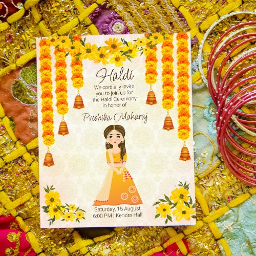 Marigolds cute Indian girl Haldi budget invitation