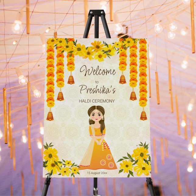 Marigolds cute Indian girl Haldi custom welcome Foam Board (Creator Uploaded)