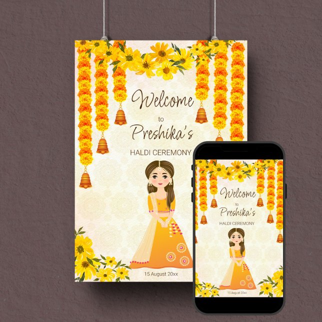 Marigolds cute Indian girl Haldi custom welcome Poster (Girls Haldi Indian wedding welcome sign template digital download cute girl marigold garlands)