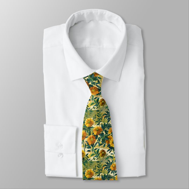 Marigolds & Maranta Leaves Seamless Autumn Floral  Neck Tie (Tied)