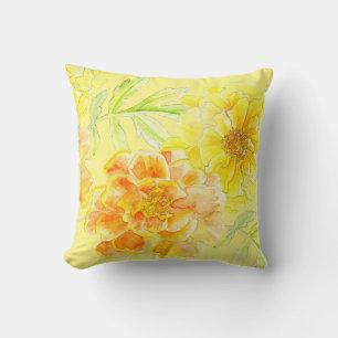 Marigolds watercolor art floral yellow pillow