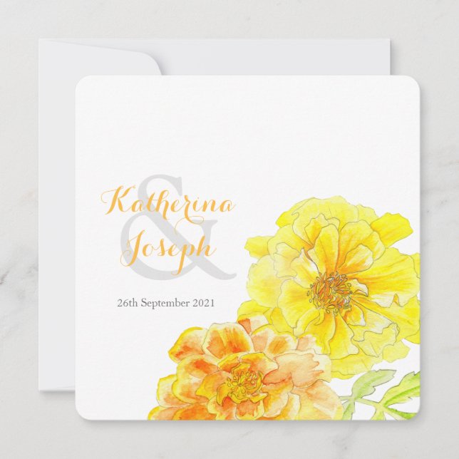 Marigolds watercolor yellow wedding square invite (Front)