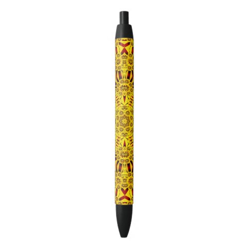 Marigolds Yellow  Red Vintage Kaleidoscope Black Ink Pen