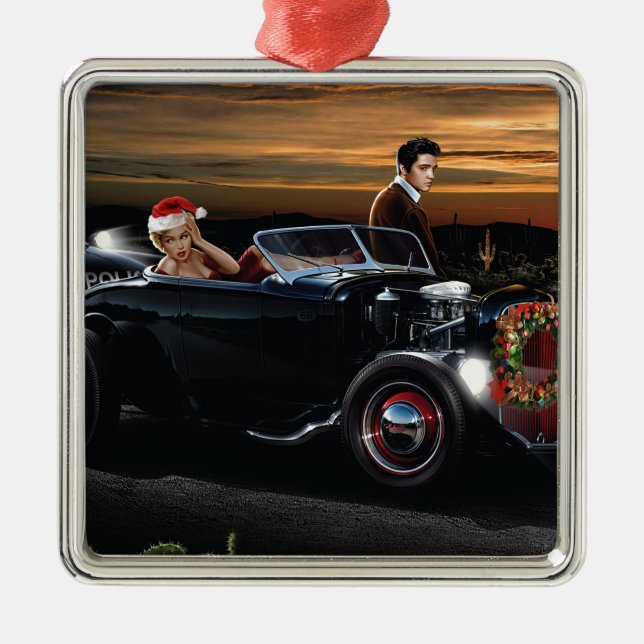 Marilyn and Elvis Christmas Joy Ride Metal Ornament (Front)