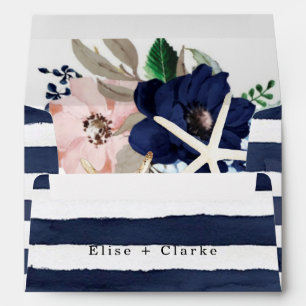 Marina Nautical Blooms Navy Blush Pink Wedding Envelope