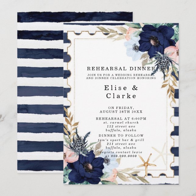 Marina Nautical Blooms Navy Blush Rehearsal Dinner Invitation (Front/Back)