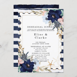 Marina Nautical Blooms Navy Blush Rehearsal Dinner Invitation