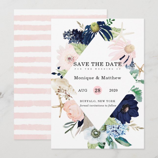 Marina Nautical Blooms Navy Blush Save The Date In Invitation (Front/Back)