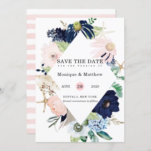 Marina Nautical Blooms Navy Blush Save The Date In Invitation