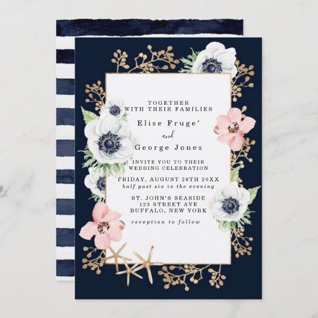 Marina Nautical Blooms Navy Blush Wedding Invitation (Front/Back)