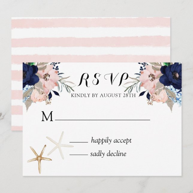 Marina Nautical Blooms Navy Blush Wedding RSVP  In Invitation (Front/Back)