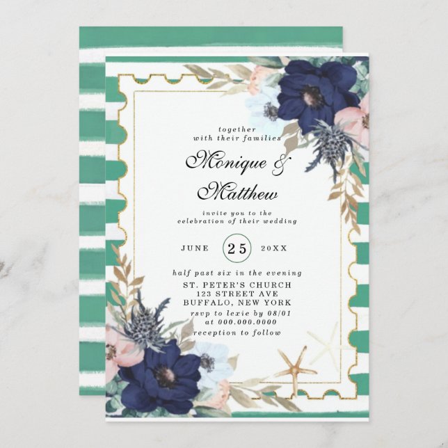 Marina Nautical Blooms Navy Pink Green Wedding Invitation (Front/Back)