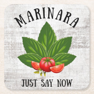 Marinara Just Say Now Italy Basil Leaves Tomatoes Square Paper Coaster