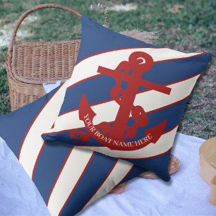 Marine Anchor Nautical Blue Stripe Beach House Outdoor Pillow