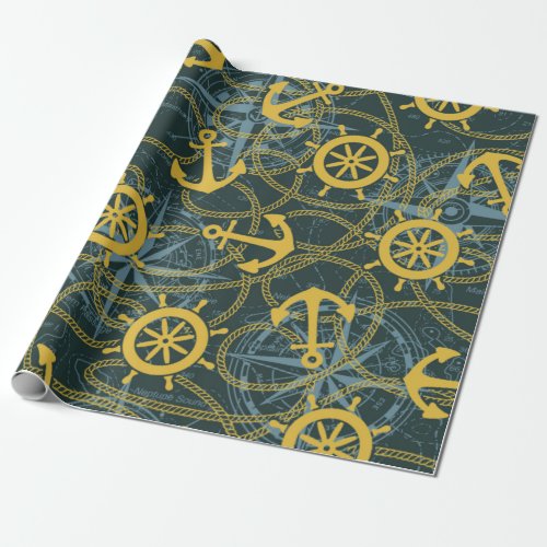 Marine anchor ship rudder and rope with wind rose  wrapping paper