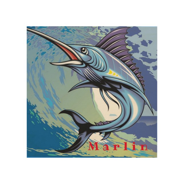 Marine Animal Big Fish Marlin Swims the Ocean Wood Wall Art (Front)