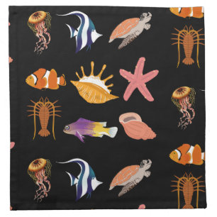 Marine animals: fish, turtle, seashell, jellyfish cloth napkin