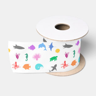 Marine animals patterned satin ribbon