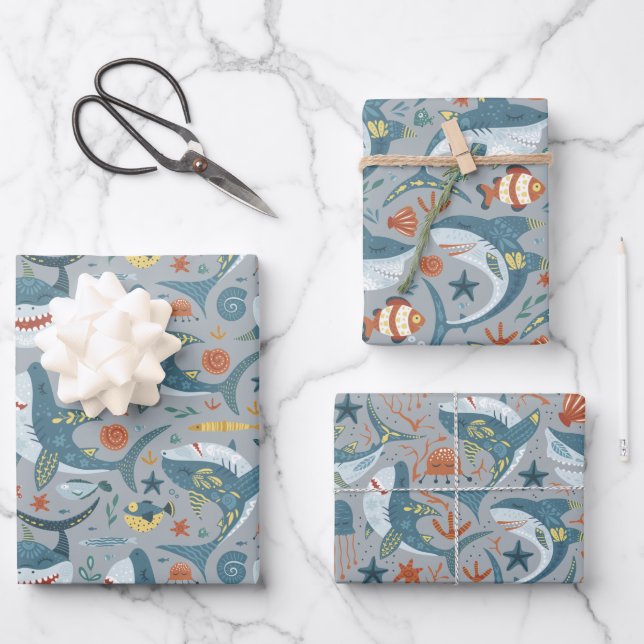 Marine Baby Boy Shark Kids Birthday Wrapping Paper Sheets (Front)