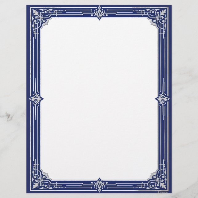 Marine Blue and Silver Art Deco Stationery (Front)