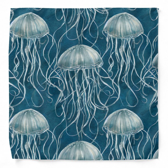 Marine Blue and White Jelly Fish Pattern Bandana (Front)