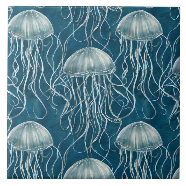 Marine Blue and White Jelly Fish Pattern Ceramic Tile (Front)