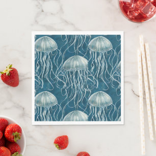 Marine Blue and White Jelly Fish Pattern Napkins