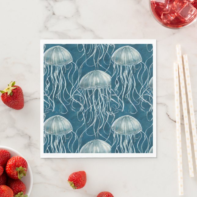 Marine Blue and White Jelly Fish Pattern Napkins (Insitu)