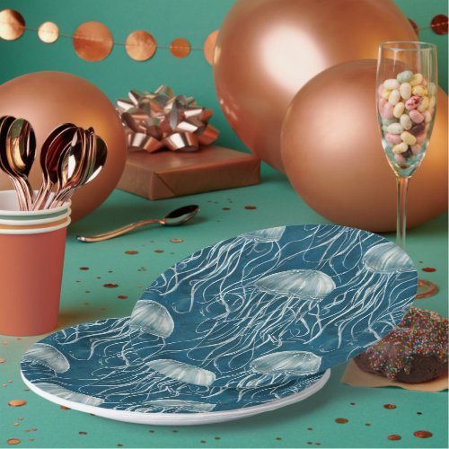 Marine Blue and White Jelly Fish Pattern Paper Plates