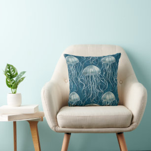 Marine Blue and White Jelly Fish Pattern Throw Pillow