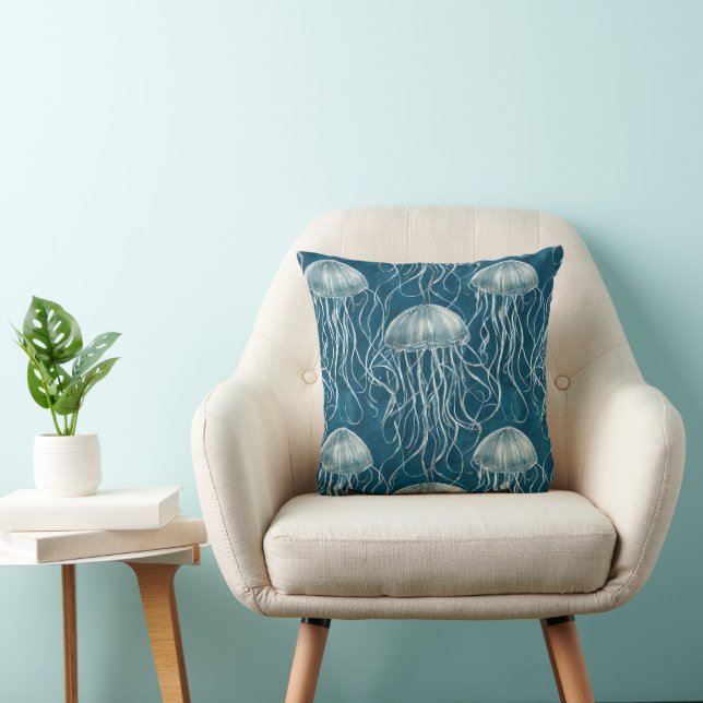 Marine Blue and White Jelly Fish Pattern Throw Pillow (Chair)