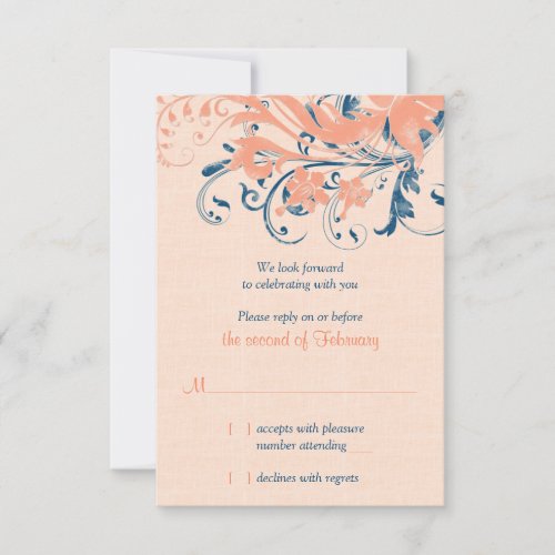 Marine Blue Coral Floral Wedding Reply Card