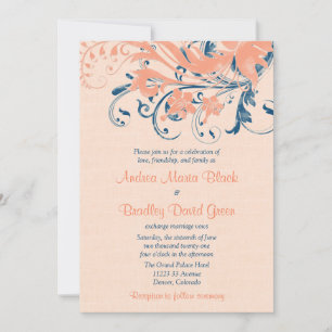 Marine Blue Coral Peach Floral Wedding Invitation