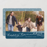 Marine Blue Geo Script | Hanukkah Photo Holiday Card<br><div class="desc">Share Hanukkah greetings with friends and family with our elegant and modern Hanukkah photo card,  featuring your favorite photo with overlapping bands of deep marine blue and "Happy Hanukkah" in modern handwritten style typography. Personalize with your family name or custom greeting.</div>