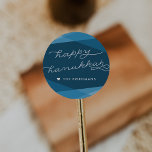 Marine Blue Geo Script | Happy Hanukkah Classic Round Sticker<br><div class="desc">Seal your Hanukkah cards,  gifts and invitations with these elegant and modern stickers in rich marine blue. Overlapping geometric shapes in gradient shades of dark teal provide the perfect backdrop for "Happy Hanukkah" in modern white handwritten style typography.</div>